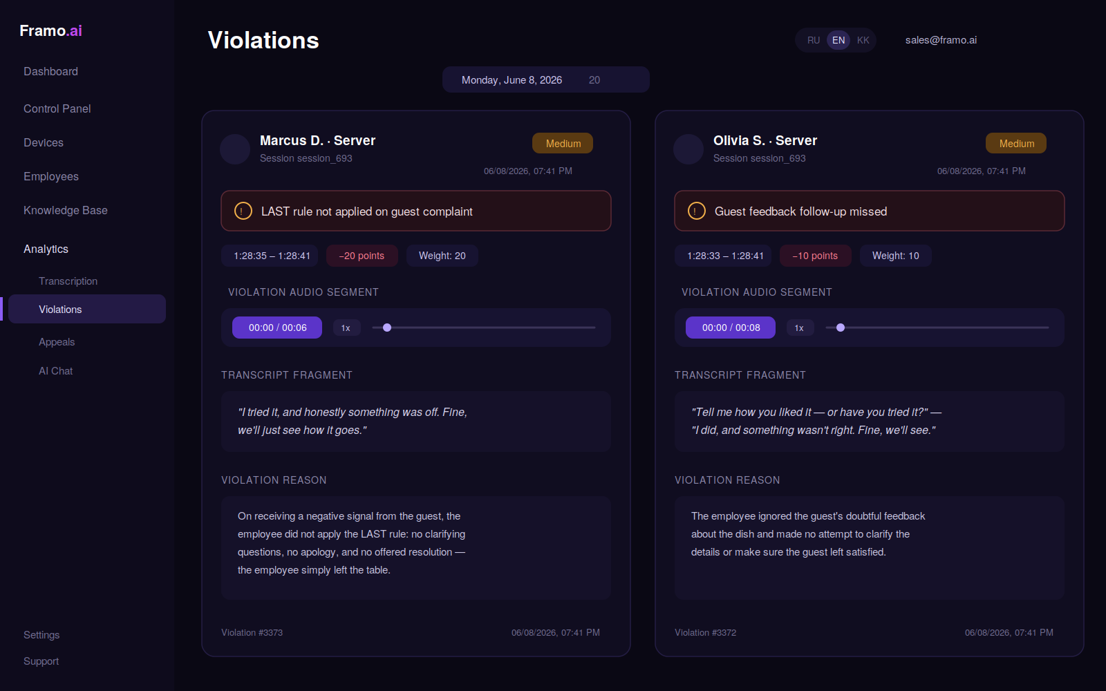 Framo AI violations screen with flagged moments (illustrative interface)