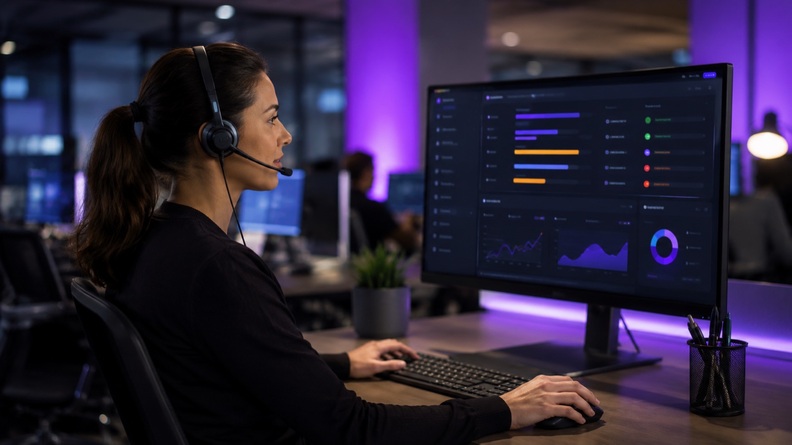 call-center agent with headset at a computer